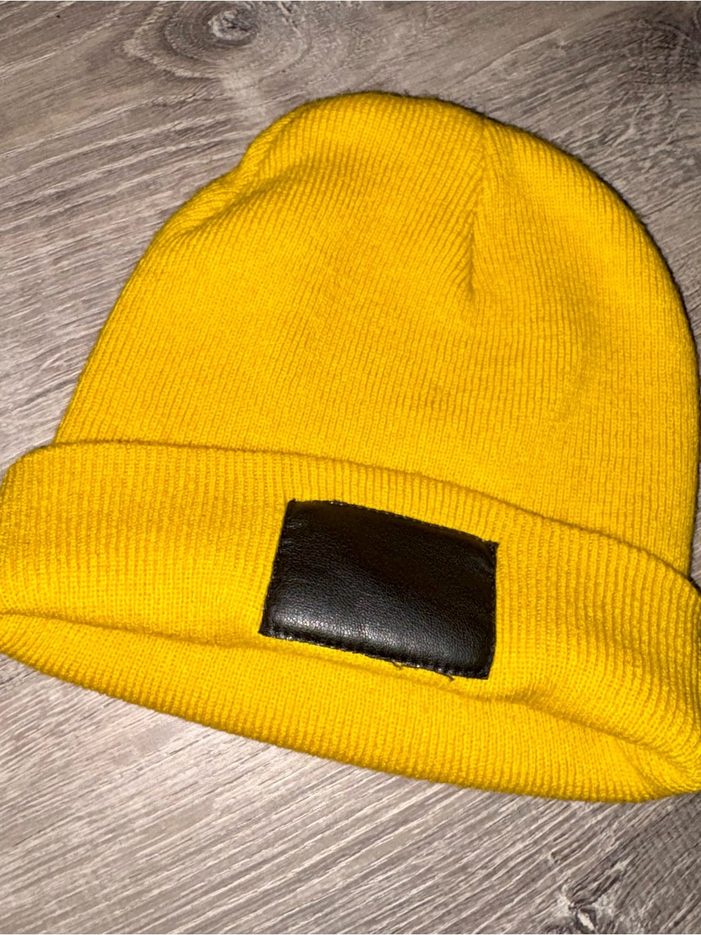 Men's Yellow Knit Beanie Hat with Leather Patch